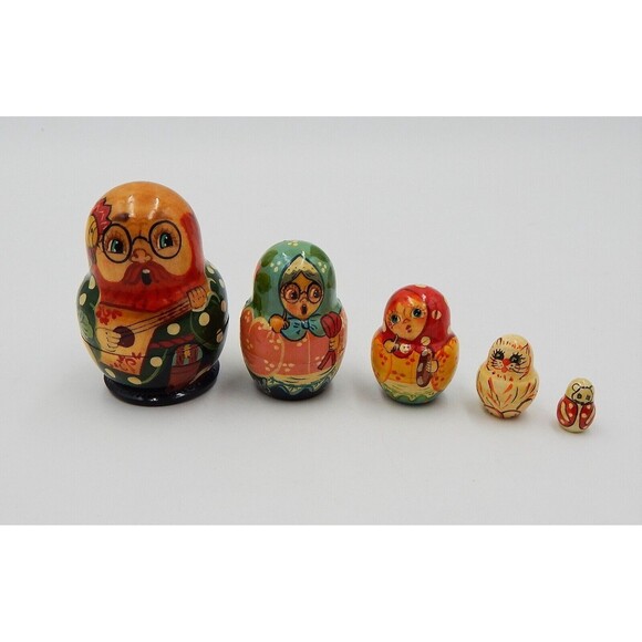 Russian Nesting Dolls Musical Family Cat Mouse Set of 5 Signed 2-1/4 Inch - Picture 1 of 10